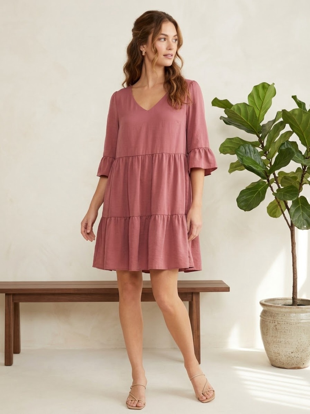 Cynthia Rowley Dusty Rose V-Neck Tiered Mini Dress